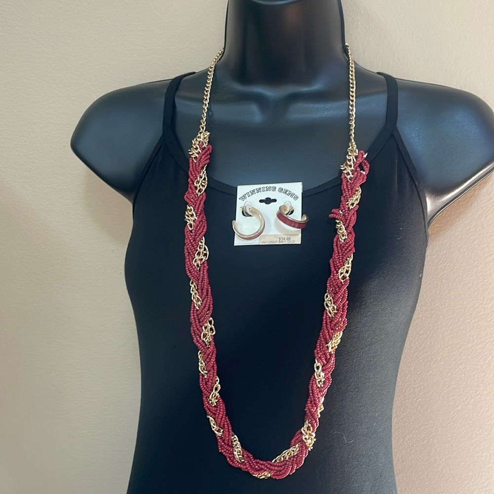 Garnet & Gold beaded long necklace & hoops - Game Day Tailgate- FSU Seminoles